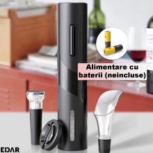 Tirbuson Electric Automat EDAR Pentru Sticla De Vin, Accesorii Incluse, Alimentare Baterii, Design Modern, Negru