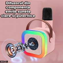 Microfon Karaoke EDAR Si Boxa Wireless, Portabila, Fara Fir, Functie Schimbare Voce, Conexiune Bluetooth, Port USB Si Jack 3....