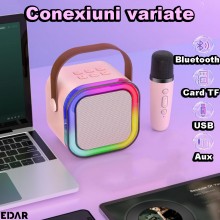 Microfon Karaoke EDAR Si Boxa Wireless, Portabila, Fara Fir, Functie Schimbare Voce, Conexiune Bluetooth, Port USB Si Jack 3....