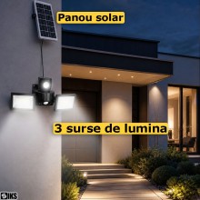 Proiector Solar LED de Exterior Cu Senzor De Miscare Si Telecomanda SIKS, 3 Surse De Lumina, Acumulator 6000 mAh, Lampa Solar...