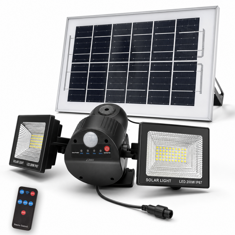 Proiector Solar LED de Exterior Cu Senzor De Miscare Si Telecomanda SIKS, 3 Surse De Lumina, Acumulator 6000 mAh, Lampa Solar...