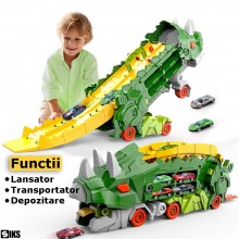 Jucarie Pentru Copii Interactiva Set Camion Dinozaur Triceratops 3 in 1 SIKS, Inghite Masinute, Transportator Si Pista De Lan...