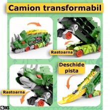 Jucarie Pentru Copii Interactiva Set Camion Dinozaur Triceratops 3 in 1 SIKS, Inghite Masinute, Transportator Si Pista De Lan...