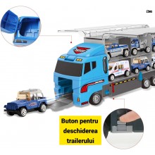 Jucarie Pentru Copii SIKS Set Camion Trailer Pentru Transport Cu Masinute, Tip Jeep, SUV, Ambulanta, Seria Politie, 6 Masini ...