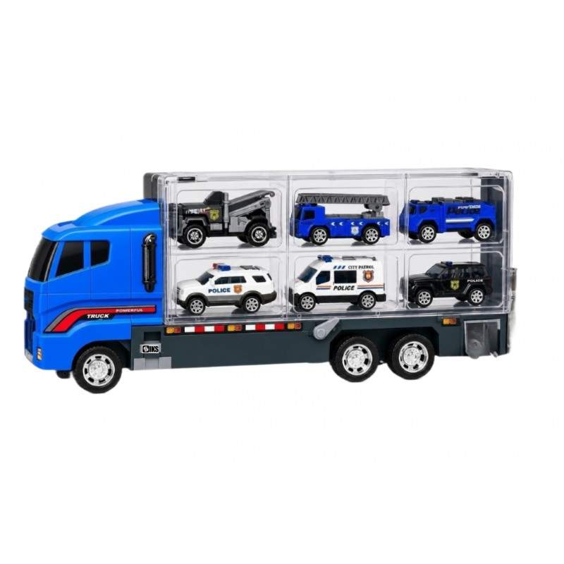 Jucarie Pentru Copii SIKS Set Camion Trailer Pentru Transport Cu Masinute, Tip Jeep, SUV, Ambulanta, Seria Politie, 6 Masini ...