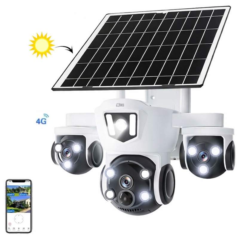 Camera Supraveghere Video Tripla SIKS, Incarcare Solara, Conectare WiFi Si SIM 4G, 12MP, Slot MicroSD, Monitorizare Vocala, R...