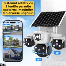 Camera Supraveghere Video Tripla SIKS, Incarcare Solara, Conectare WiFi Si SIM 4G, 12MP, Slot MicroSD, Monitorizare Vocala, R...