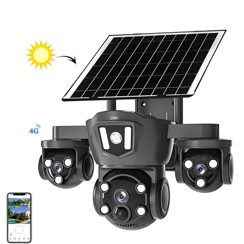 Camera Supraveghere Video Tripla SIKS, Incarcare Solara, Conectare WiFi / SIM 4G, 12MP, Slot MicroSD, Monitorizare Vocala, Ro...