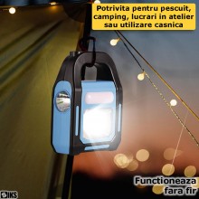 Lanterna Portabila SIKS Led Multifunctionala Cu Lampa Solara, Incarcare Solara Sau USB, 3 Zone De Lumina, Led Cob, Lanterna L...