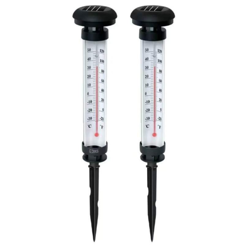 Set 2 x Termometru Solar De Gradina SIKS Cu Lampa Led Si Incarcare Solara De Exterior, Pentru Curte, Gazon Sau Ghiveci Flori,...