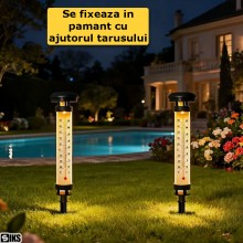 Set 2 x Termometru Solar De Gradina SIKS Cu Lampa Led Si Incarcare Solara De Exterior, Pentru Curte, Gazon Sau Ghiveci Flori,...