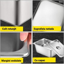 Tava Gastronorm EDAR GN din Inox cu Capac, 6.2L, 32.5x17.5x10 cm, Stivuibila, Compatibila Cuptor si Frigider, Potrivit pentru... Tava Gastronorm EDAR GN din Inox cu Capac, 6.2L, 32.5x17.5x10 cm, Stivuibila, Compatibila Cuptor si Frigider, Potrivit pentru...