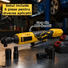 Cheie Cu Clichet Electrica SIKS, Cu Acumulator, Fara Fir, 2 Acumulatori Inclusi, 6 Accesorii, Unghi 90 Grade, Lumina Led Inte...