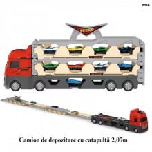Jucarie Copii EDAR Camion Gigant 3 In 1 cu Pista Extensibila 2.07 m, Camion transport + Catapulta, 6 Masinute Incluse, Set Cu...