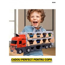 Jucarie Copii EDAR Camion Gigant 3 In 1 cu Pista Extensibila 2.07 m, Camion transport + Catapulta, 6 Masinute Incluse, Set Cu...