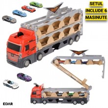 Jucarie Copii EDAR Camion Gigant 3 In 1 cu Pista Extensibila 2.07 m, Camion transport + Catapulta, 6 Masinute Incluse, Set Cu...
