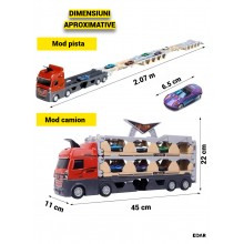 Jucarie Copii EDAR Camion Gigant 3 In 1 cu Pista Extensibila 2.07 m, Camion transport + Catapulta, 6 Masinute Incluse, Set Cu...