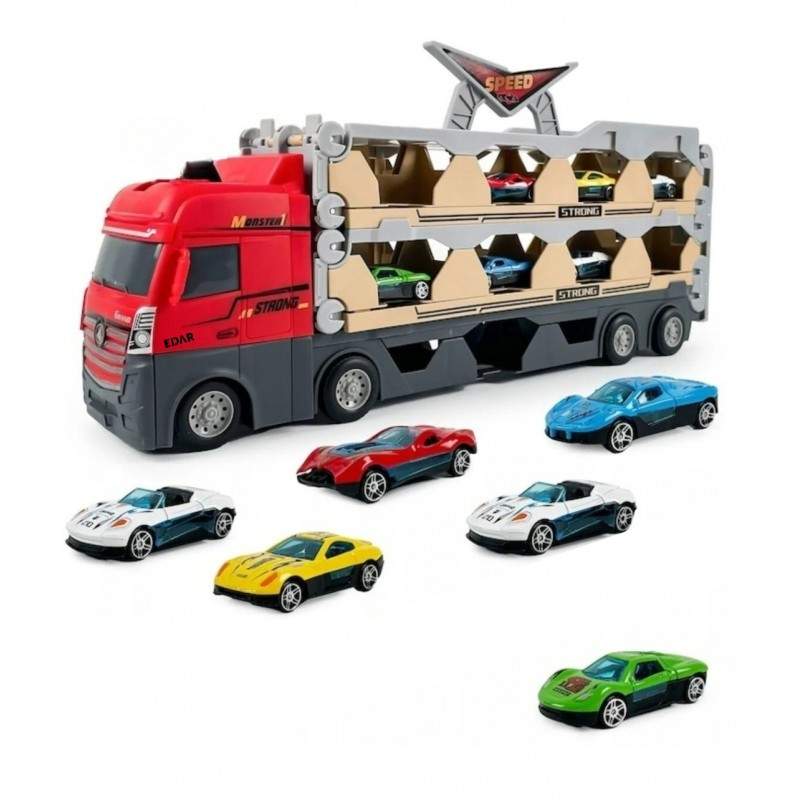 Jucarie Copii EDAR Camion Gigant 3 In 1 cu Pista Extensibila 2.07 m, Camion transport + Catapulta, 6 Masinute Incluse, Set Cu...