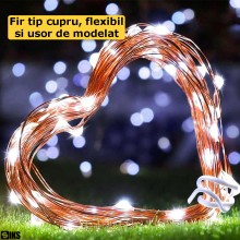 Instalatie de Craciun Solara Tip Liniar SIKS, Lumina Rece, 20 Metri, 200 LED-uri, Incarcare Panou Solar, Utilizare Interior/E...
