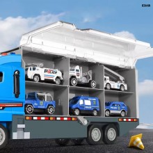 Jucarie Copii EDAR Camion Transport Auto cu Trailer, 6 Masinute Incluse - Jeep, SUV, Ambulanta, Politie -, Platforma Tractare...
