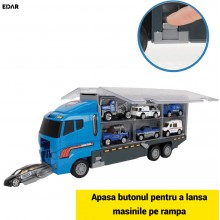 Jucarie Copii EDAR Camion Transport Auto cu Trailer, 6 Masinute Incluse - Jeep, SUV, Ambulanta, Politie -, Platforma Tractare...