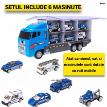 Jucarie Copii EDAR Camion Transport Auto cu Trailer, 6 Masinute Incluse - Jeep, SUV, Ambulanta, Politie -, Platforma Tractare...