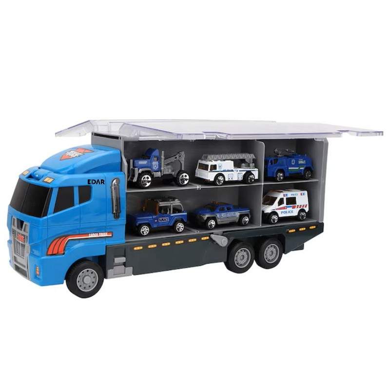 Jucarie Copii EDAR Camion Transport Auto cu Trailer, 6 Masinute Incluse - Jeep, SUV, Ambulanta, Politie -, Platforma Tractare...