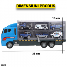 Jucarie Copii EDAR Camion Transport Auto cu Trailer, 6 Masinute Incluse - Jeep, SUV, Ambulanta, Politie -, Platforma Tractare...