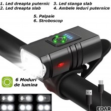 Lumina Bicicleta EDAR, Far + Stop, LED, 6 Moduri De Lumina, Reincarcabil USB, Rezistent La Apa, Negru Lumina Bicicleta EDAR, Far + Stop, LED, 6 Moduri De Lumina, Reincarcabil USB, Rezistent La Apa, Negru