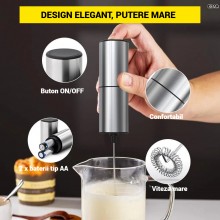 Spumator Lapte Electric EDAR din Inox, Bagheta pentru Spuma, Mixer Manual cu Cap Detasabil, Pentru Latte, Cappuccino, Ciocola...