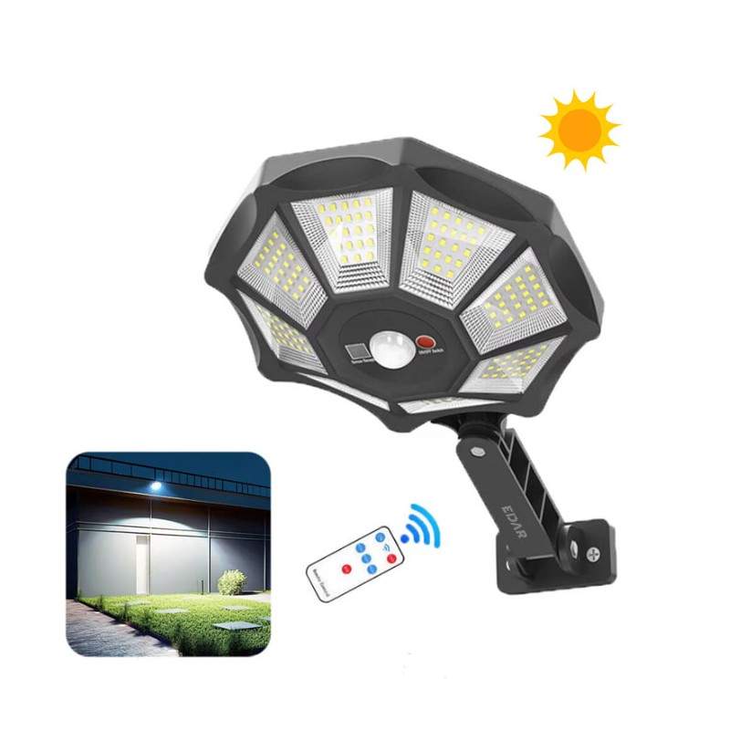 Lampa Solara EDAR Pentru Exterior, Casa, Gradina, 3 Moduri De Lumina, Telecomanda, Prindere Pe Perete, 168 LED, Forma Octogon...