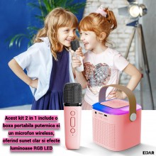 Boxa si Microfon EDAR Karaoke Wireless, Lumini RGB LED, Portabila, Slot card si Conectare telefon prin Bluetooth, AUX, Pentru...