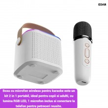 Boxa si Microfon EDAR Karaoke Wireless, Lumini RGB LED, Portabila, Slot card si Conectare telefon prin Bluetooth, AUX, Pentru...