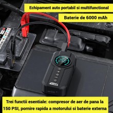 Compresor Auto Portabil EDAR 3‑in‑1, Starter Auto, 6000mAh, 150 PSI, Ecran Digital, Powerbank, Lanterna LED si SOS, USB‑C inc...