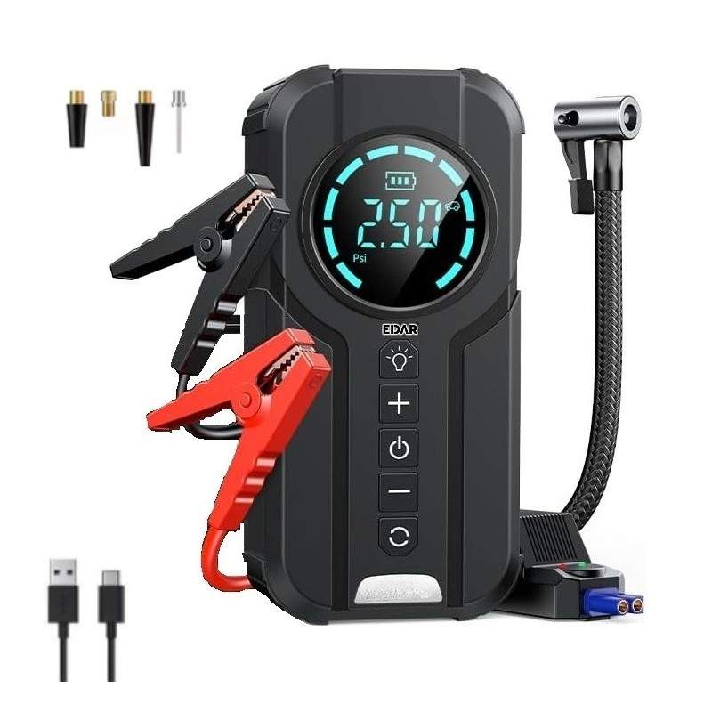 Compresor Auto Portabil EDAR 3‑in‑1, Starter Auto, 6000mAh, 150 PSI, Ecran Digital, Powerbank, Lanterna LED si SOS, USB‑C inc... Compresor Auto Portabil EDAR 3‑in‑1, Starter Auto, 6000mAh, 150 PSI, Ecran Digital, Powerbank, Lanterna LED si SOS, USB‑C inc...