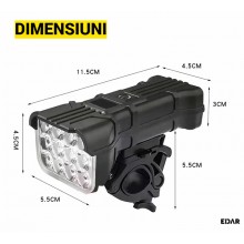 Lanterna Bicicleta LED EDAR ,Far 12 LED, 5 Moduri Iluminare, Incarcare USB, Cablu Inclus, cu Claxon, Afisaj baterie, Lumina P...