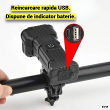 Lanterna Bicicleta LED EDAR ,Far 12 LED, 5 Moduri Iluminare, Incarcare USB, Cablu Inclus, cu Claxon, Afisaj baterie, Lumina P...