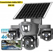 Camera Video Supraveghere Exterior EDAR 12MP, Sistem Triplu Camera, Panoramic 360°, WiFi si SIM 4G, Alimentare Solara, Night ...