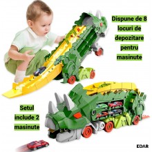 Camion Dinozaur Triceratops 3 în 1 EDAR, Jucarie Interactiva cu Pista Lansare si Transportator Masinute, Capacitate 8 Buc, In...