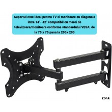 Suport Perete Televizor EDAR Reglabil, Compatibil 14–42 inch, Extensie 80-460 mm, Metal, Greutate Maxima Suportata 20 kg, Negru