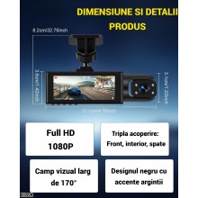 Camera Auto DVR Tripla EDAR Full HD 1080p, Ecran 3.16”, Unghi 170°, Vedere Nocturna, HDR, G-Sensor, Inregistrare Loop, Potriv...