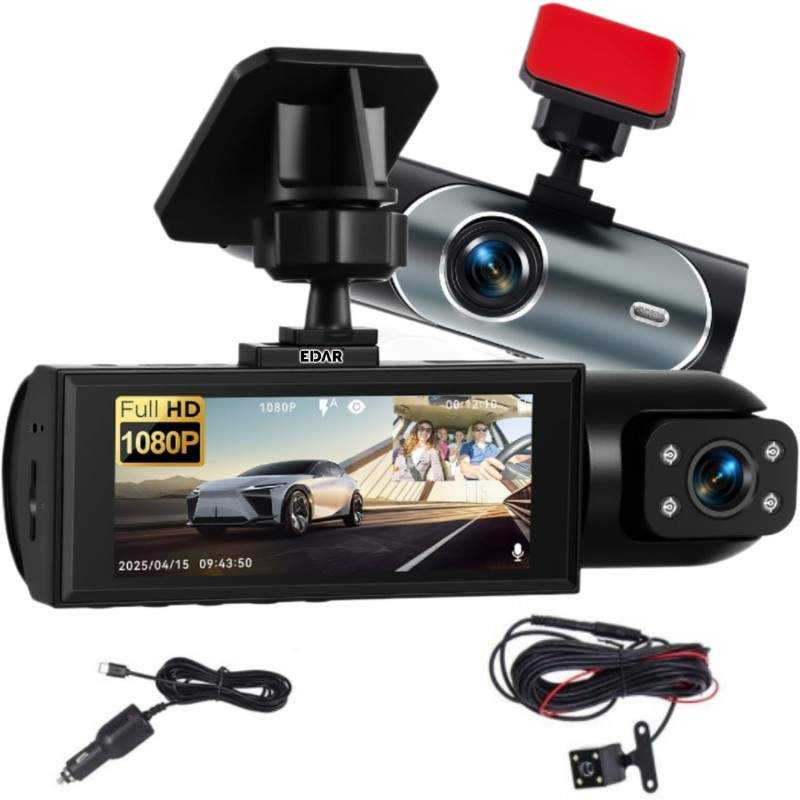 Camera Auto DVR Tripla EDAR Full HD 1080p, Ecran 3.16”, Unghi 170°, Vedere Nocturna, HDR, G-Sensor, Inregistrare Loop, Potriv...