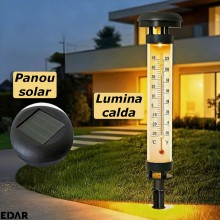 Set 2 x Lampa Solara Decorativa De Gradina Cu Termometru EDAR, Fixare Cu Tarus, Lumina LED Ambientala Calda, Temperatura Cels...