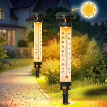 Set 2 x Lampa Solara Decorativa De Gradina Cu Termometru EDAR, Fixare Cu Tarus, Lumina LED Ambientala Calda, Temperatura Cels...