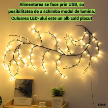 Ghirlanda Luminoasa LED EDAR Tip Creanga cu Flori, 72 LED Alb Cald, 1.6m, Ramuri Flexibile, 8 Moduri Iluminare, Alimentare US...