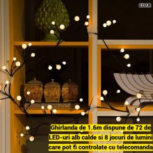 Ghirlanda Luminoasa LED EDAR Tip Creanga cu Globuri Mici, 72 LED Alb Cald, 1.6m, Ramuri Flexibile, 8 Moduri Iluminare, Alimen...