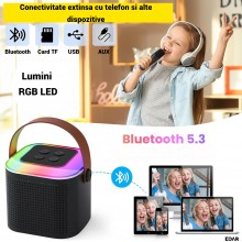 Boxa si Microfon EDAR Karaoke Wireless, Lumini RGB LED, Portabila, Slot card si Conectare telefon prin Bluetooth, AUX, Pentru...