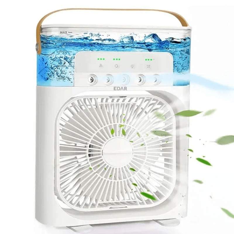 Ventilator Portabil Cu Pulverizare Apa EDAR, Functie De Umidificator, 3 Viteze De Ventilatie, Lumina LED, Putere 10W, USB, Alb Ventilator Portabil Cu Pulverizare Apa EDAR, Functie De Umidificator, 3 Viteze De Ventilatie, Lumina LED, Putere 10W, USB, Alb