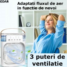 Ventilator Portabil Cu Pulverizare Apa EDAR, Functie De Umidificator, 3 Viteze De Ventilatie, Lumina LED, Putere 10W, USB, Alb