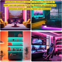 Banda LED RGB EDAR 5m, Bluetooth, Control prin Aplicatie si Telecomanda, LED 2835, IP65, Jocuri de Lumini si Muzica, Kit cu T...